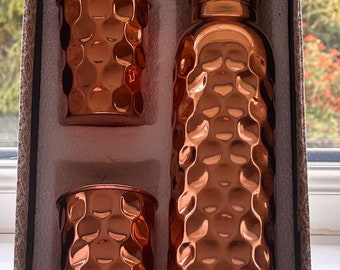 Handcrafted Copper Water Bottle Set – Hammered Copper Cups, Wellness Gift