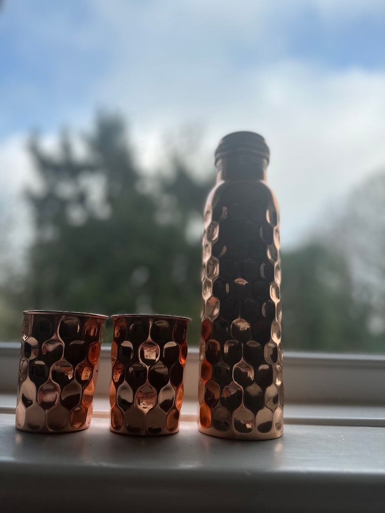 Handcrafted Copper Water Bottle Set – Hammered Copper Cups, Wellness ...