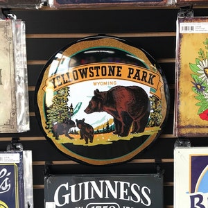 15" Yellowstone Park Wyoming Dome Sign Metal Woodland Animal Theme Wall Decor Cabin Airbnb Outdoorsy Bear Cubs Bosque Parques Nacionales Woodsy