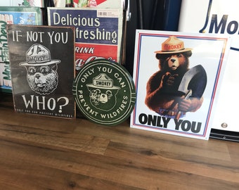 Emaille bord Smokey Bear BUNDEL Only You Can Prevent Bosbranden Cadeaus kraamcadeau Jongens kinderkamer muurdecoratie Jongens slaapkamer bosdieren Vintage VS