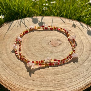 Love - Rose Quartz Gemstone Waist Beads Red Pink and Gold Waist Beads with Crystals - Handmade Self-Love and Healing Jewellery