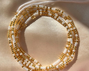 Angel - White and Gold Waist Beads With Clasp or Traditional Tie-on Handmade Beaded Belly Chain