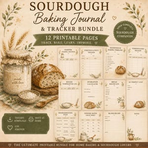 Può includere: Un set di diario e tracker per la panificazione con lievito madre composto da 12 pagine stampabili in stile vintage. Include tracker per il rinfresco del lievito, pieghe, fermentazione e registri di cottura, decorati con motivi di grano.