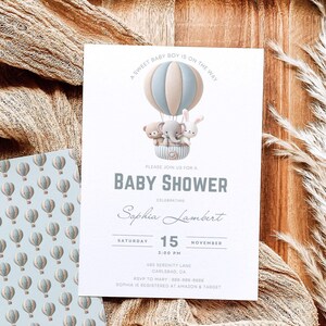 Invitación para baby shower con osito tierno, tarjeta para baby shower con conejito, elefante, niña, baby shower de animales kawaii, revelación de género imprimible, descarga instantánea