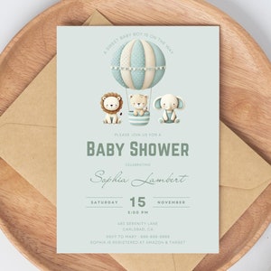 Invitation de baby shower animal mignon, carte de baby shower garçon fille éléphant Lion, shower de maman animal kawaii, sexe révéler imprimable téléchargement immédiat