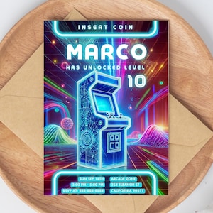 Invitation de partie d'arcade | Invitation d'anniversaire de jeu vidéo | Carte d'anniversaire personnalisée pour enfants | Modèle laser néon imprimable | téléchargement immédiat