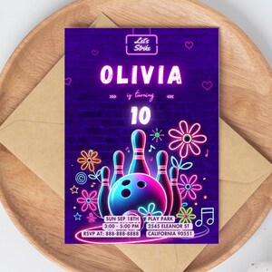 Invito per festa di bowling / Invito di compleanno Let's Strike / Biglietto di compleanno personalizzato per bambini / Modello laser neon fai da te / Download immediato