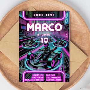 Faire-part de fête de karting | Invitation d'anniversaire de course de voitures | Carte d'anniversaire personnalisée pour enfants | Modèle laser néon imprimable | téléchargement immédiat