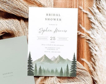 Watercolor Mountain Bridal Shower Invitation | Nordic Forest Design (Digital Download)