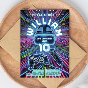 Gaming-Party Einladung | Videospiel-Geburtstagseinladung | Personalisierte Kindergeburtstagskarte | Druckbare Neon Laser Vorlage | sofort download