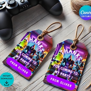 Tag de agradecimento para videogame | Tag de lembrancinha de festa de jogos editável | Tag de sacola de presente de aniversário infantil para impressão | Download instantâneo de modelo de laser neon FRT1