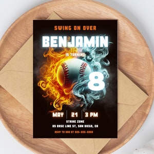 Baseball Geburtstagsfeier einladen l Personalisierte Baseball Einladung | DIY Kinder Baseball Karte | Bearbeitbare Sport Vorlage, Canva Sofort-Download