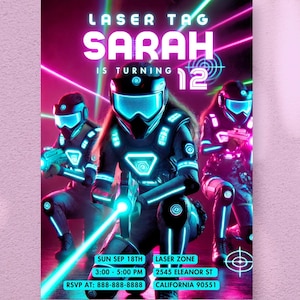Faire-part d'anniversaire laser tag | Invitation fille Laser Game Party | Carte d'anniversaire personnalisée | Modèle néon phosphorescent imprimable | téléchargement immédiat