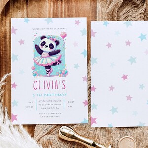 Invitación de cumpleaños linda editable / Plantilla de tarjeta de 1er cumpleaños / Invitación personalizada al aniversario de Kawaii Panda Ballet / Descarga digital de Canva