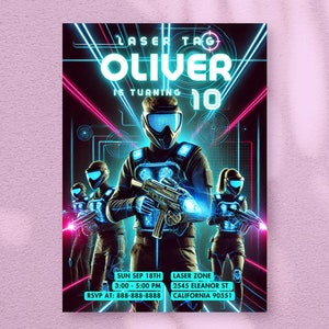 Uitnodiging lasergame feest | Verjaardagsuitnodiging lasergame | Gepersonaliseerde kinderverjaardagskaart | Afdrukbare neongloed-sjabloon | Digitaal bestand TG1