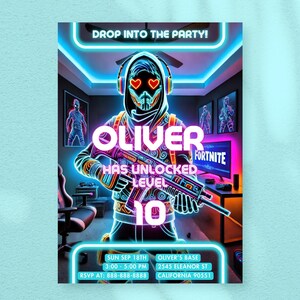 Invitation d'anniversaire de jeu vidéo | Invitation fête de jeu | Carte d'anniversaire personnalisée pour enfants | Modèle laser néon imprimable | téléchargement immédiat