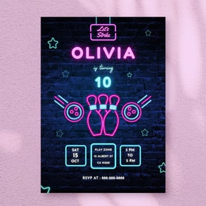 Lasst uns schlagen Party Einladung | Bowling Geburtstagseinladung | Personalisierte Kindergeburtstagskarte | DIY Neon Laser Template, Canva Sofortdownload
