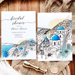 Modèle modifiable d'invitation pour la douche nuptiale de Santorin, invitation personnalisée pour le brunch nuptiale de la Grèce, carte de future mariée bricolage, téléchargement immédiat Canva