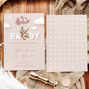 Convite editável para chá de bebê de urso, convite para chá de bebê de balão para menino e menina | Cartão Boho para mãe, faça você mesmo para revelar o sexo do bebê, download instantâneo para impressão
