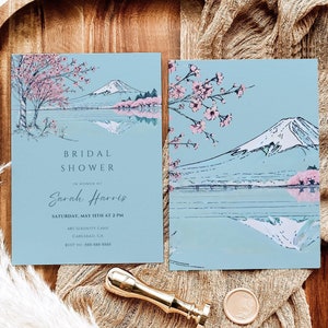 Kirschblüten Brautparty Einladung Vorlage | Bearbeitbar Japan Braut Brunch einladen | DIY Berg Fuji Karte vor der Hochzeit | Sofort Download