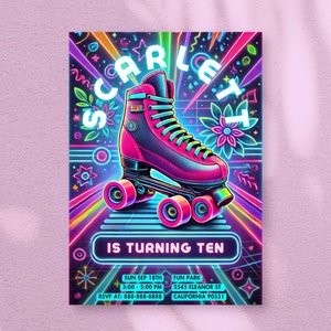 Skate Geburtstag einladen | Rollschuh-Party Einladung | Personalisierte Mädchen Geburtstagskarte | DIY Glow Neon Vorlage | Canva Sofort-Download