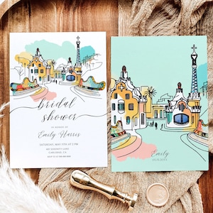 Modèle modifiable d'invitation de douche nuptiale de Barcelone | Invitation nuptiale personnalisée de brunch de | Peinture Park Guell, téléchargement immédiat