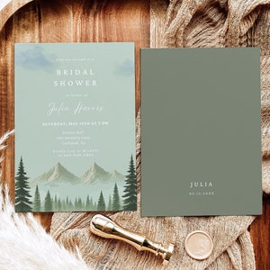 de Invitation nuptiale de douche de montagne | Invitation personnalisée pour le brunch nuptiale de forêt de pins | Carte bohème modifiable, téléchargement numérique instantané S1