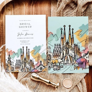 Modèle modifiable d'invitation de douche nuptiale de Barcelone | Invitation personnalisée pour brunch nuptiale | Peinture Sagrada Familia | Téléchargement instantané S2
