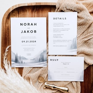 Modello di invito per matrimonio nordico - Invito per matrimonio modificabile fai-da-te - Foresta scandinava Carta RSVP stampabile Scheda dettagli - Personalizza su Canva