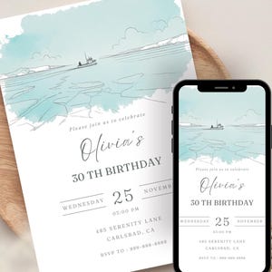 d'invitation d'anniversaire de la mer nordique | Faire-part polaire scandinave personnalisé | Carte d'anniversaire bleue modifiable, téléchargement immédiat sur toile