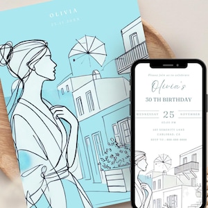 Griechenland Geburtstagseinladung Vorlage, Santorini Bearbeitbare Frau Geburtstag einladen, DIY griechische Partykarte, Weiß Blau Mittelmeer Thema Digital