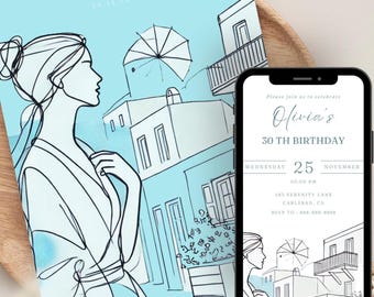Santorini Birthday Invitation Template, Greek Mediterranean Theme (Digital)