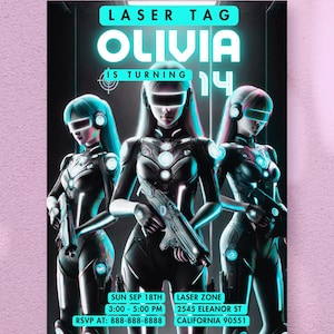 Invito di compleanno per ragazza Laser Tag / Invito per festa di Laser Game / Biglietto di compleanno personalizzato / Modello stampabile Neon Glow / Download immediato
