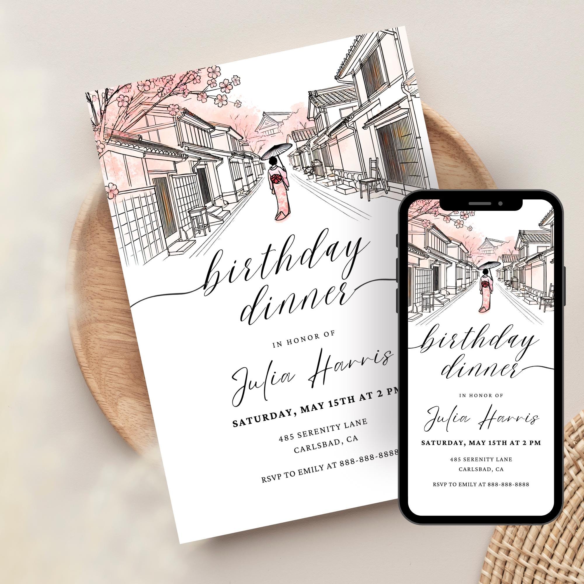 Japan Invite Tokyo Geisha Birthday Invitation Template | Editable Cherry Blossom ...