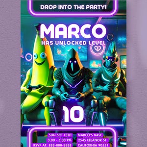 Invitación a una fiesta de videojuegos / Invitación de cumpleaños de videojuegos / Tarjeta de cumpleaños personalizada para niños / Plantilla láser de neón imprimible / Descarga instantánea