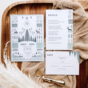 Modello di invito per matrimonio scandinavo - Invito per matrimonio nordico modificabile fai da te - Dettagli della scheda RSVP stampabile Forest - Personalizza su Canva