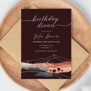 Invitation d'anniversaire du Sahara | Invitation d'anniversaire modifiable dans le désert du Maroc | Carte DIY minimaliste de nature de montagne d'atlas, téléchargement de modèle numérique