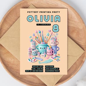 Aardewerk schilderij verjaardagsuitnodiging l bewerkbare ambachtelijke feestuitnodiging | Afdrukbare schilderijkaart, activiteitensjabloon voor kinderen, Canva Instant download