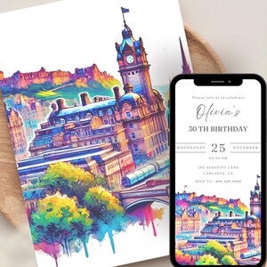 Convite romântico de aniversário de Edimburgo | Convite editável para festa de aniversário na Escócia | Tinta aquarela Castle Mountains, faça você mesmo Download instantâneo