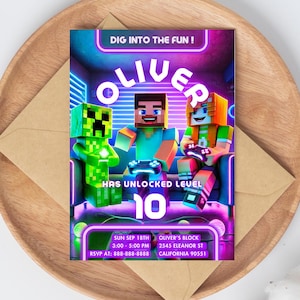 Invitación a fiesta de videojuegos / Invitación de cumpleaños de videojuegos para niños / Tarjeta de cumpleaños personalizada / Plantilla láser de neón imprimible / Descarga instantánea