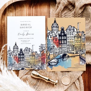 Plantilla editable de invitación para despedida de soltera en Ámsterdam / Invitación personalizada para brunch nupcial en Holanda / Pintura de canales holandeses / Descarga instantánea S3