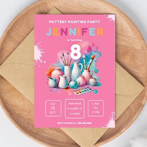 Invitación de cumpleaños con pintura de cerámica para niña. Invitación de fiesta de arcilla cerámica editable. Tarjeta digital imprimible con manualidades para niños. Descarga instantánea de Canva