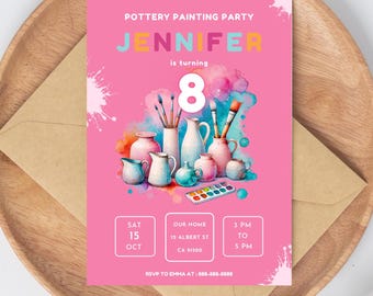Invitación de cumpleaños con pintura de cerámica, fiesta de manualidades para niños (descarga digital)