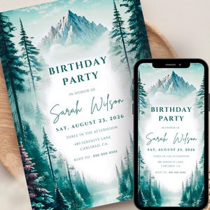 Invito di compleanno di montagna / Invito personalizzato per la festa di compleanno della foresta nordica / Modello scandinavo modificabile, download digitale istantaneo