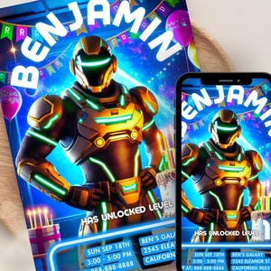 Invitation à une fête de jeux vidéo | Invitation d'anniversaire de jeu | Carte d'anniversaire personnalisée pour enfants | Modèle laser néon imprimable | téléchargement immédiat