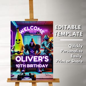 Affiche d'anniversaire de panneau de bienvenue de jeu vidéo | Décoration de fête de jeu | Décoration d'anniversaire pour enfants à imprimer | Modèle laser néon à téléchargement immédiat FRT1