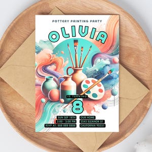 Aardewerk schilderij feest uitnodiging l bewerkbare ambachtelijke verjaardagsuitnodiging | Afdrukbare schilderijkaart, digitale kaart Kids Clay, Canva Instant download