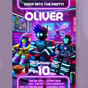 Invitation à une fête de jeux vidéo | Invitation d'anniversaire de jeu | Carte d'anniversaire personnalisée pour enfants | Modèle laser néon imprimable | téléchargement immédiat