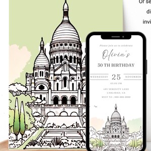 Sacre Coeur Birthday Invitation | Editable France Birthday Party invite | Montmartre Paris Garden Watercolor Paint, DIY Instant download