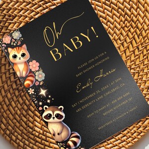 Invitation de baby shower animal mignon modifiable, invitation au brunch de bébé fille garçon, carte de shower de maman or, révélation de genre noir bricolage, téléchargement immédiat